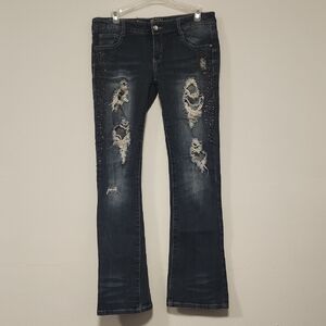 Premier Blue Flare Wide Leg Jeans with Distressed Accents